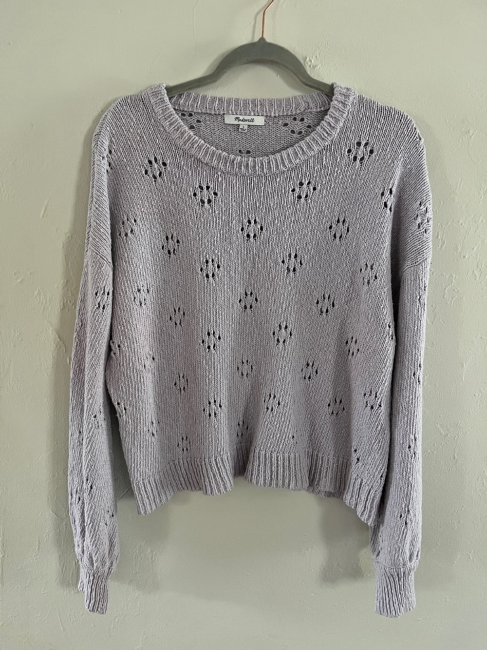 Madewell Lavender OpenKnit Pointelle Crewneck Sweater Cotton Size Large 22/21”